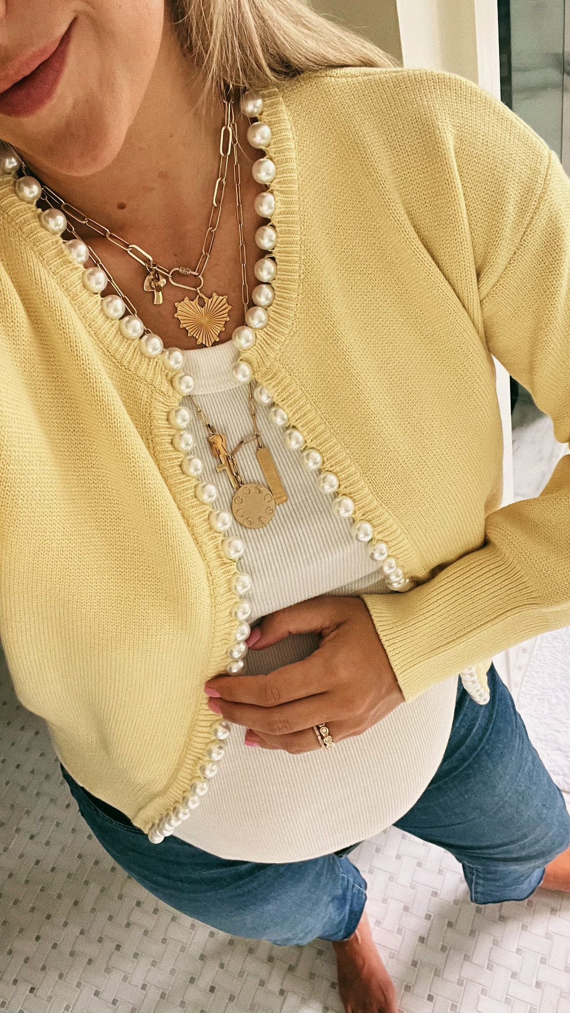 Charlotte pearl trim cardigan in pale yellow