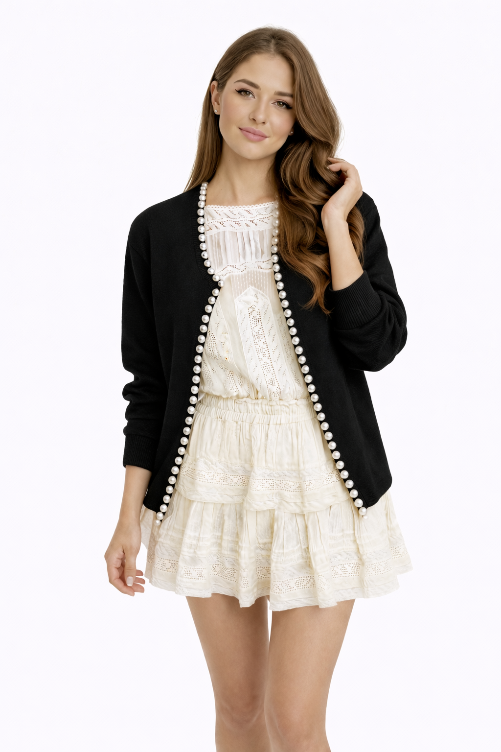 white dress with black cardigan Charlotte Pearl Detail Cardigan – Organic Cotton Black Knitwear – Self-same
