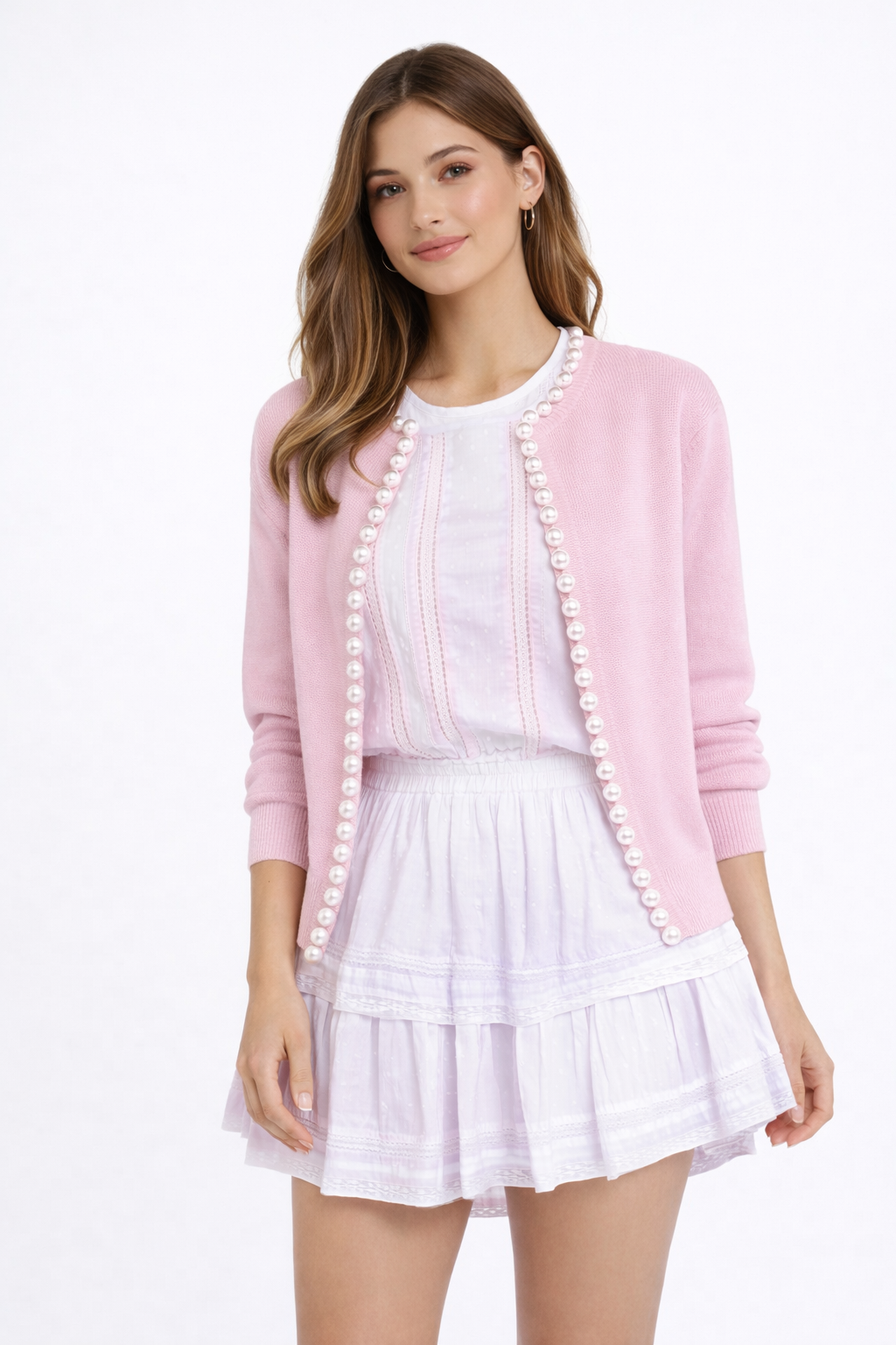 Treat Ürself cardigan (peoney pink) Charlotte pearl trim cardigan in Pink - Self-same