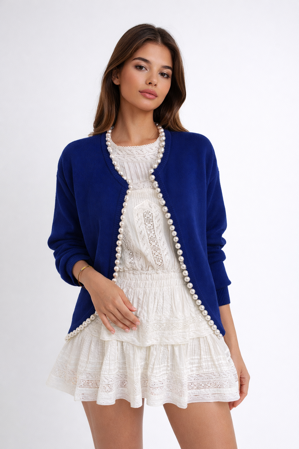 Charlotte Pearl Detail Cardigan – Organic Cotton Navy Knitwear – Self-same