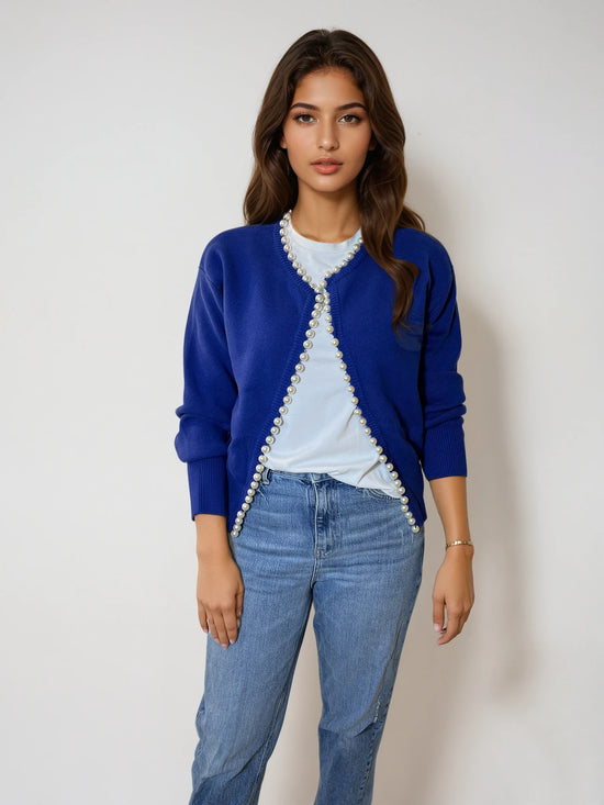 Charlotte pearl trim cardigan in Navy Blue