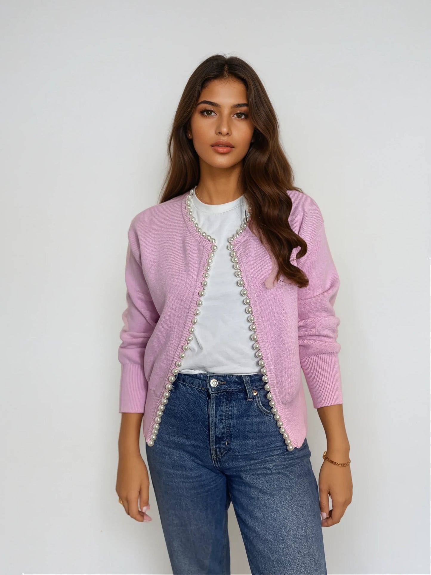 Charlotte pearl trim cardigan in Pink