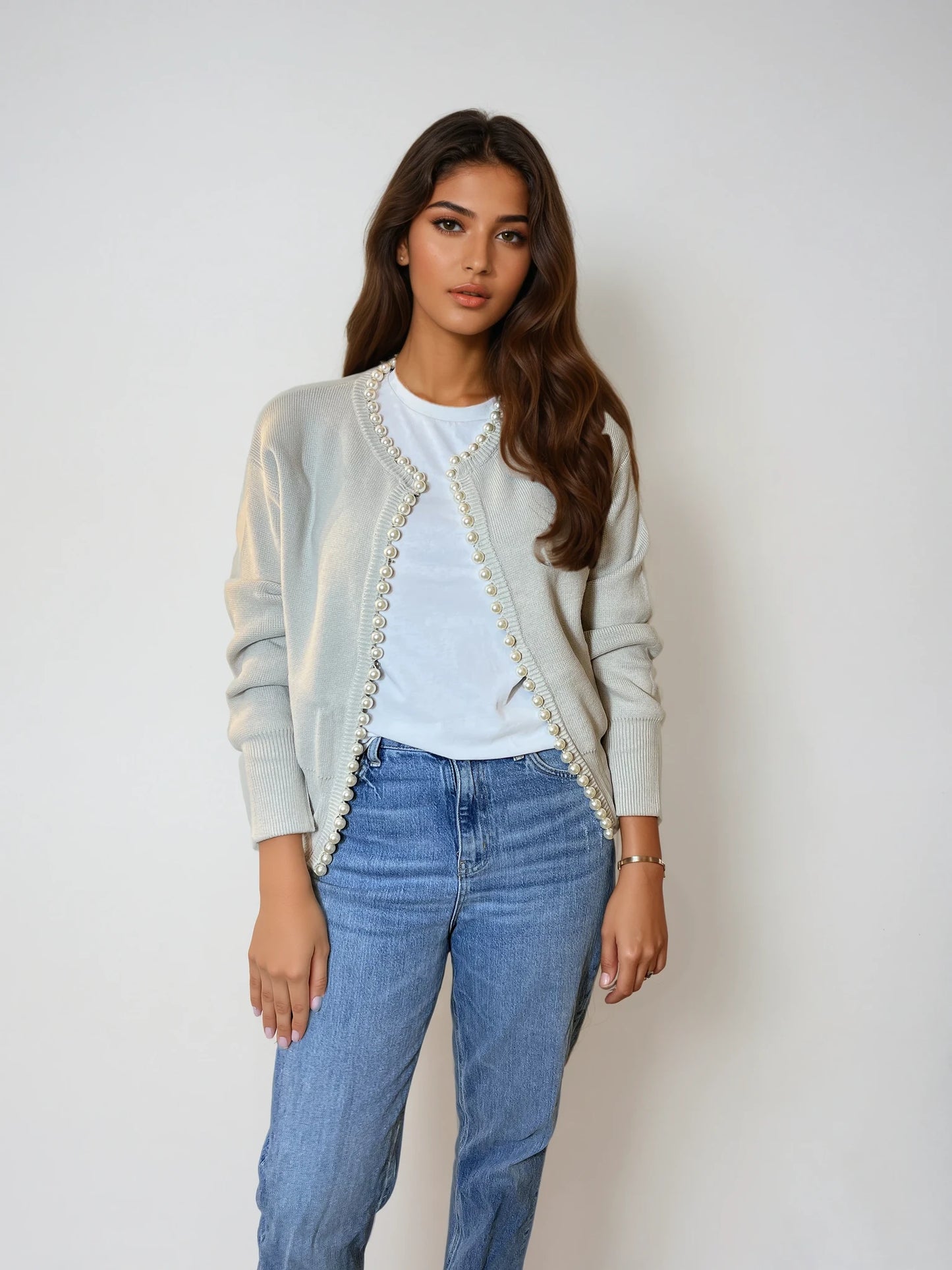 Charlotte pearl trim cardigan in Dove Grey