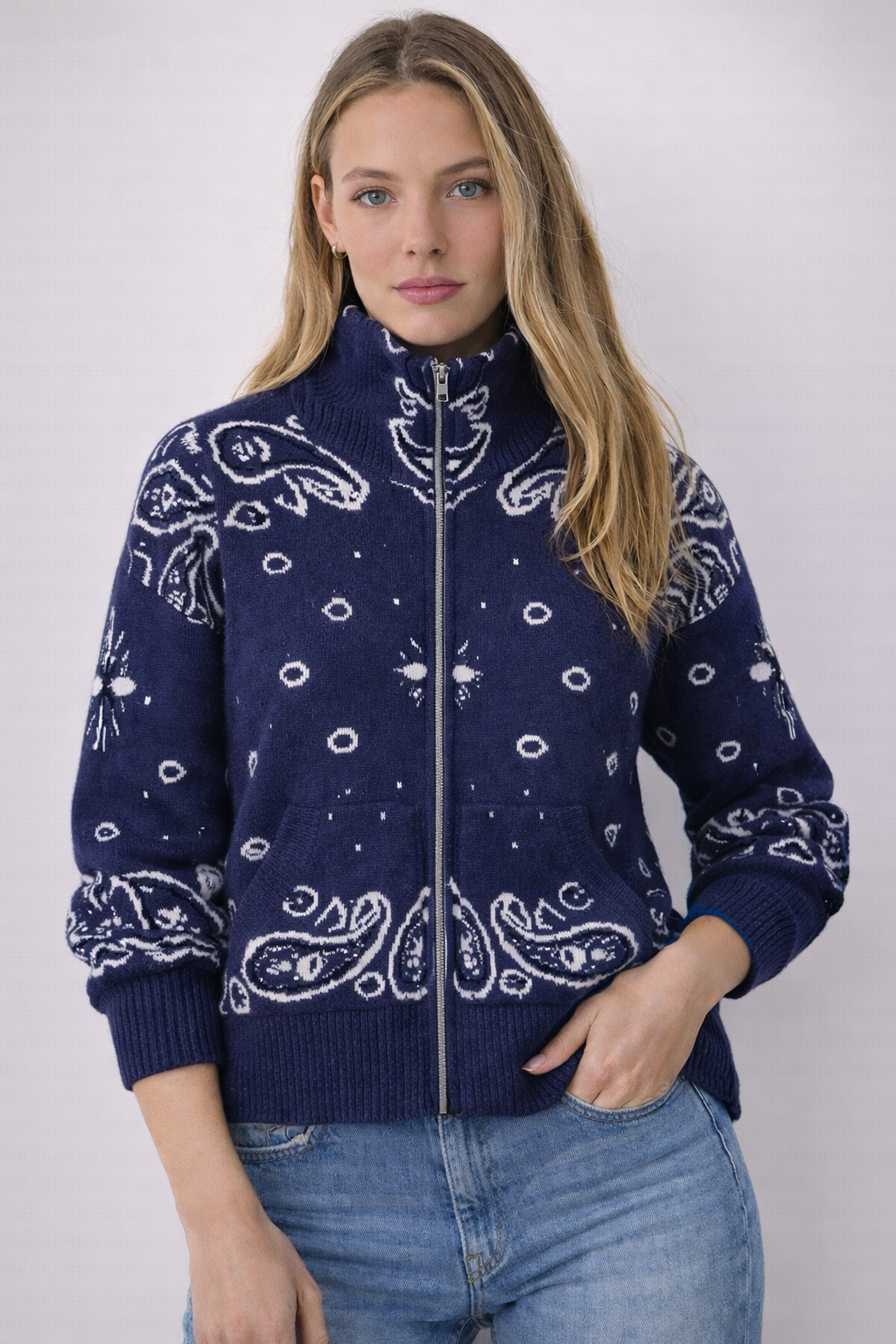Nara paisley zip up cardigan-Navy