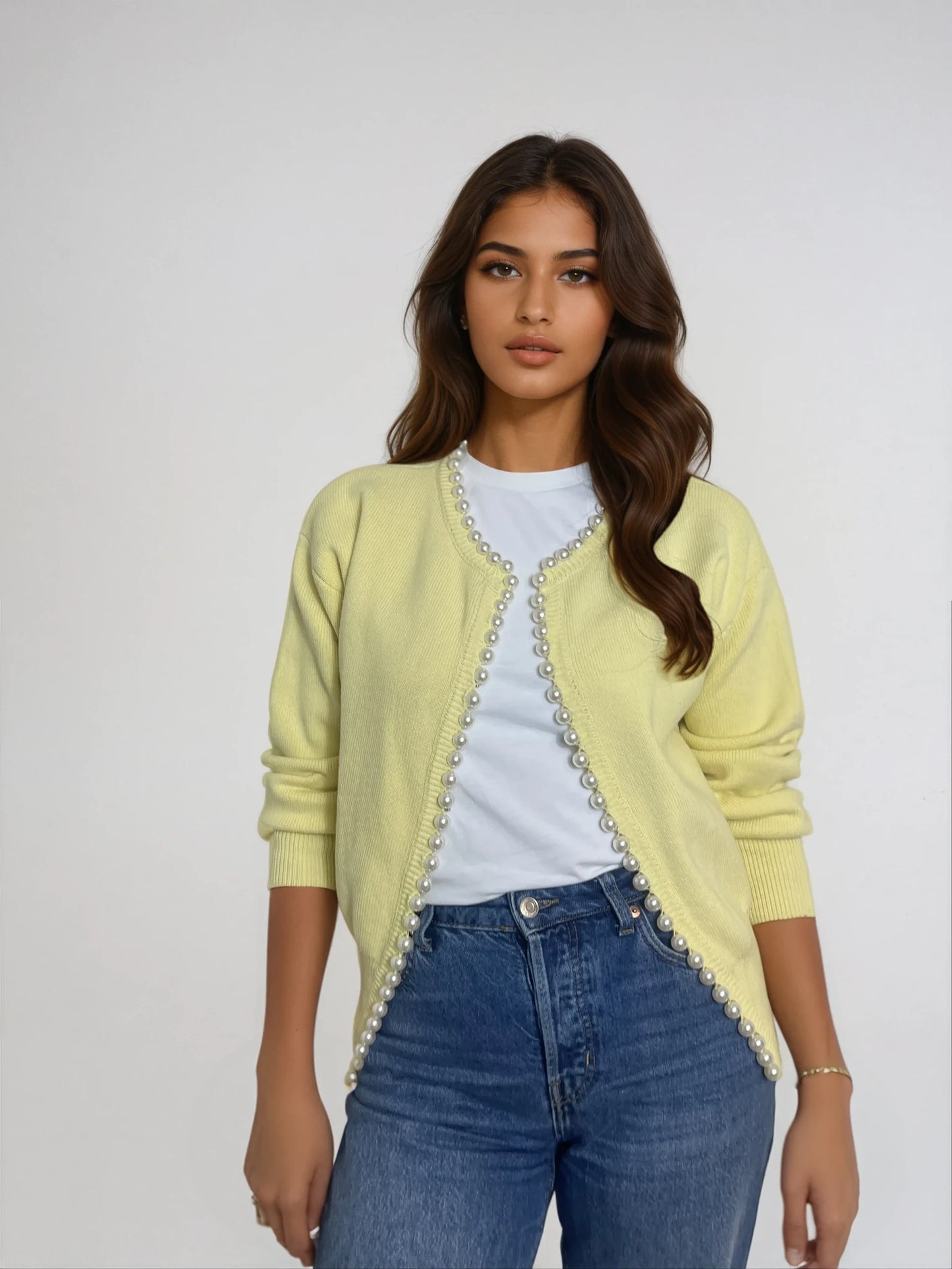 Charlotte pearl trim cardigan in pale yellow