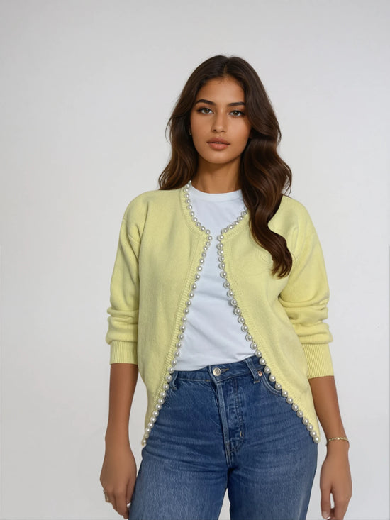 Charlotte pearl trim cardigan in pale yellow