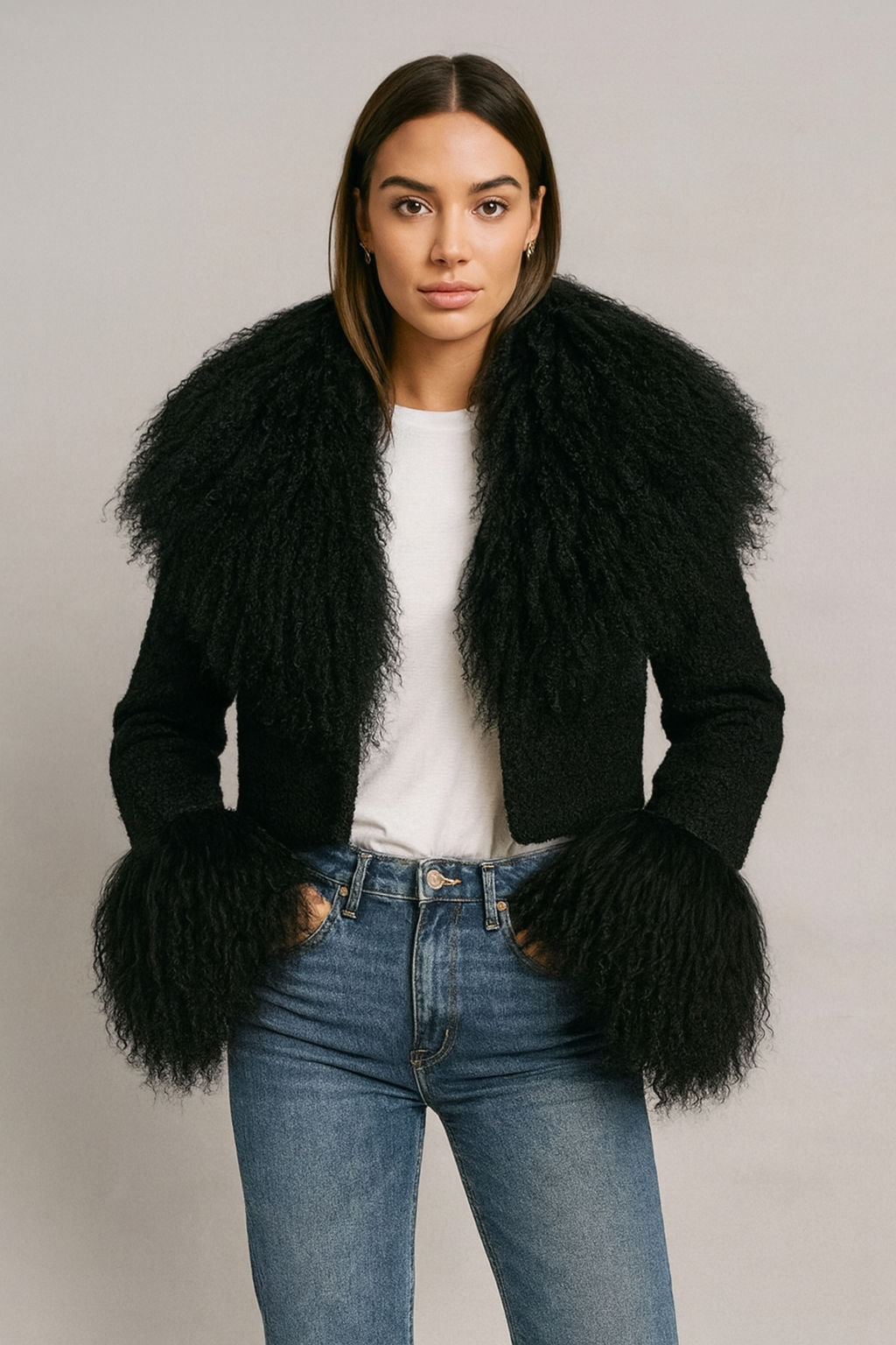 Odette Mongolian cuff jacket-Black