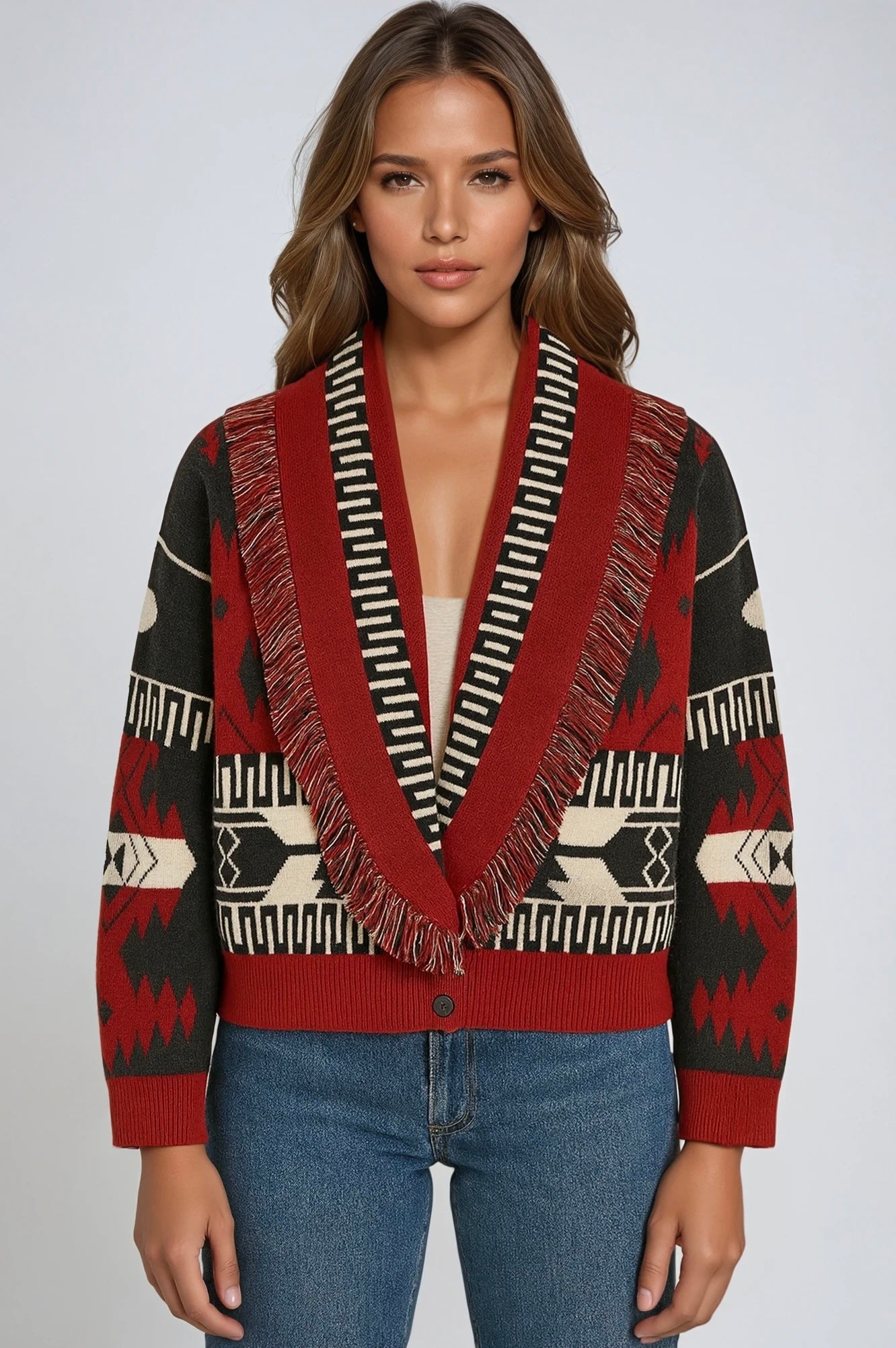 Isabel printed fringe cardigan in Red