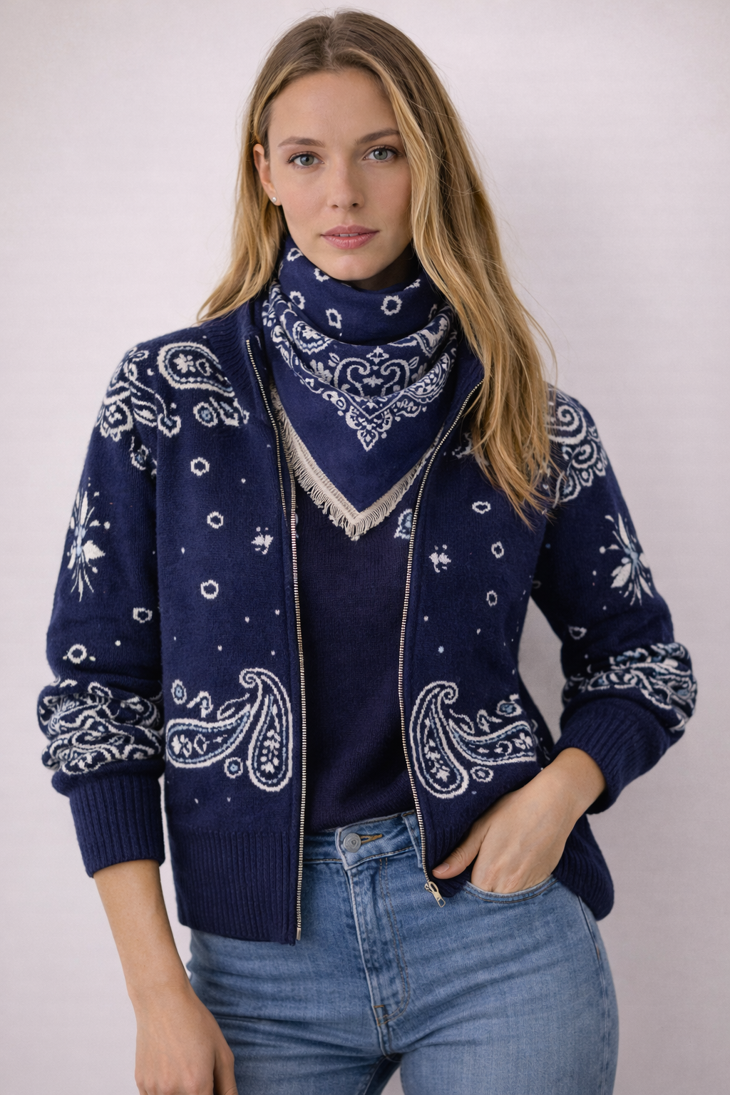 Nara paisley zip up cardigan-Navy