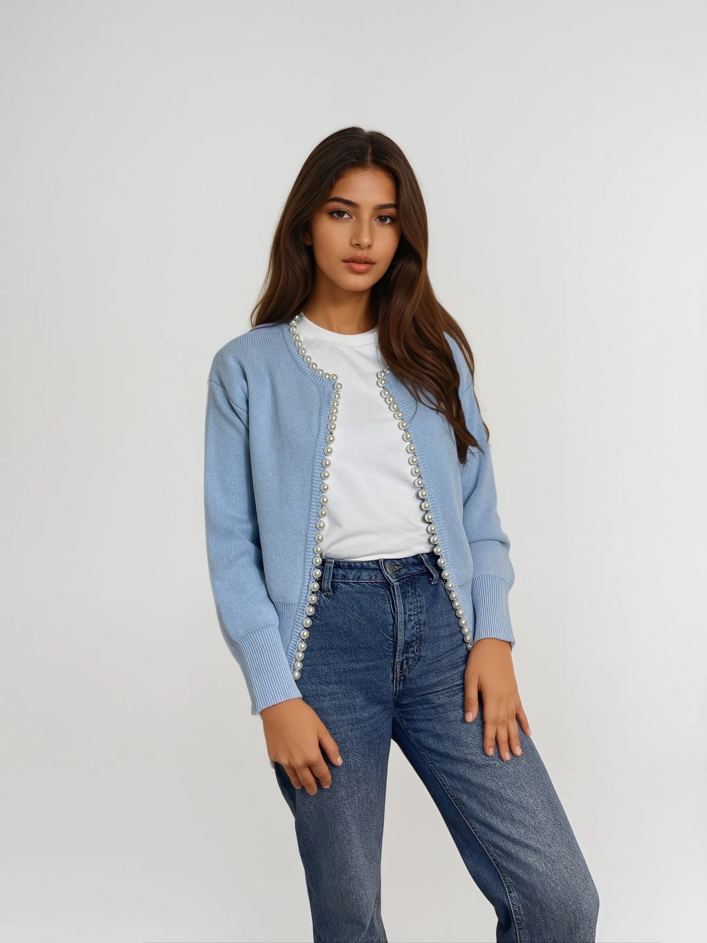 Charlotte pearl trim cardigan in cornflower blue