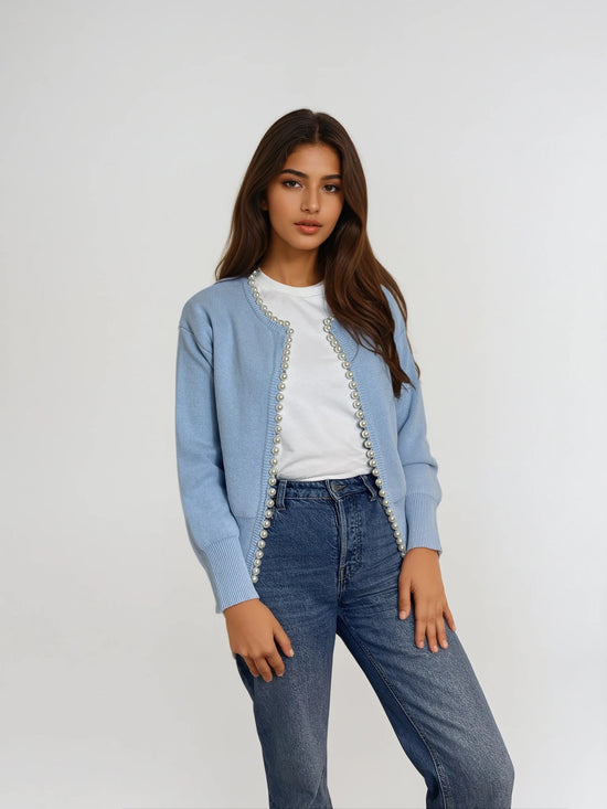 Charlotte pearl trim cardigan in cornflower blue