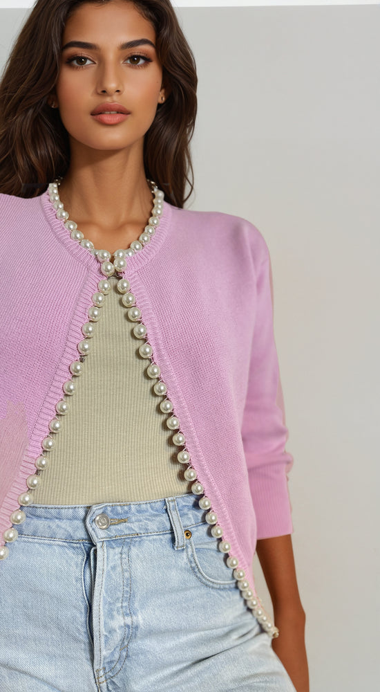 Pearl Trim cardigan in Pink made using 100% organic cotton one size for relaxed fit