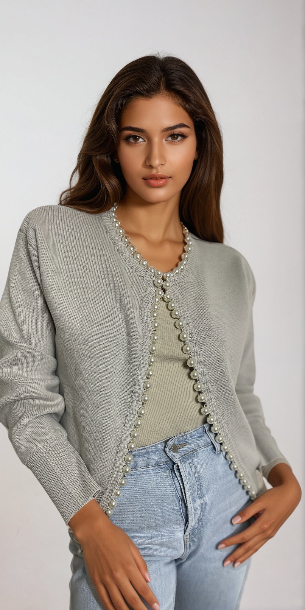 Pearl Trim cardigan in Dove grey made using 100% organic cotton one size for relaxed fit