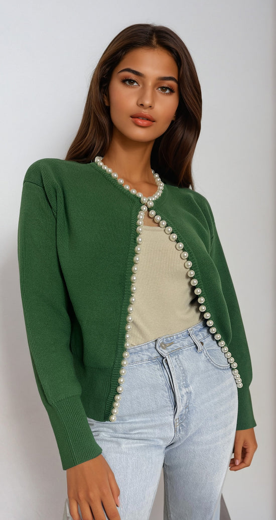 Pearl Trim cardigan in Green made using 100% organic cotton one size for relaxed fit