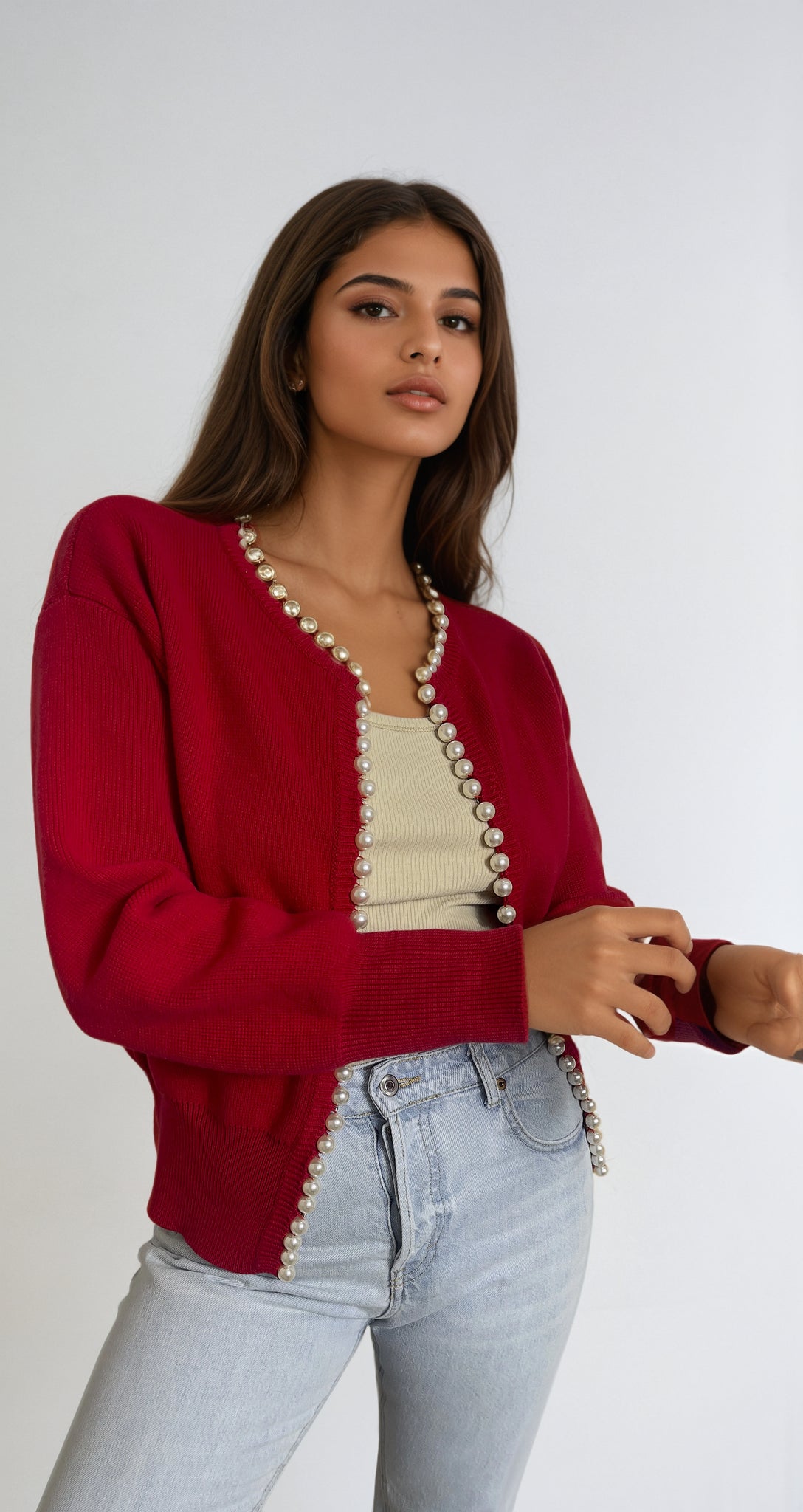 Pearl Trim cardigan in Red made using 100% organic cotton one size for relaxed fit