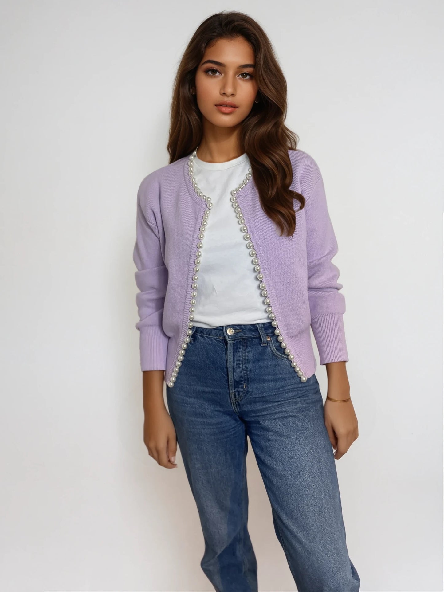 Charlotte pearl trim cardigan in Lilac