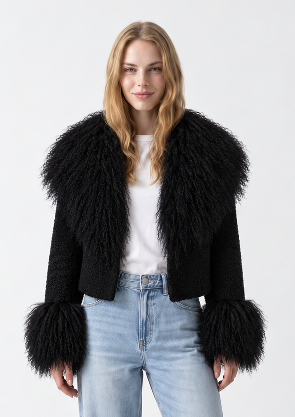 Odette Mongolian fur jacket-Black