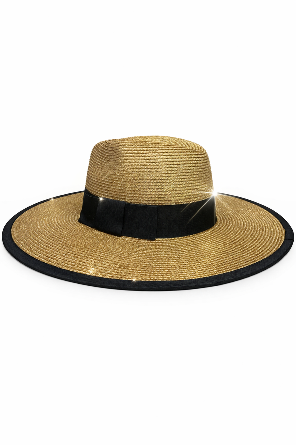 Wide-brimmed gold metallic straw hat with black band on a white background