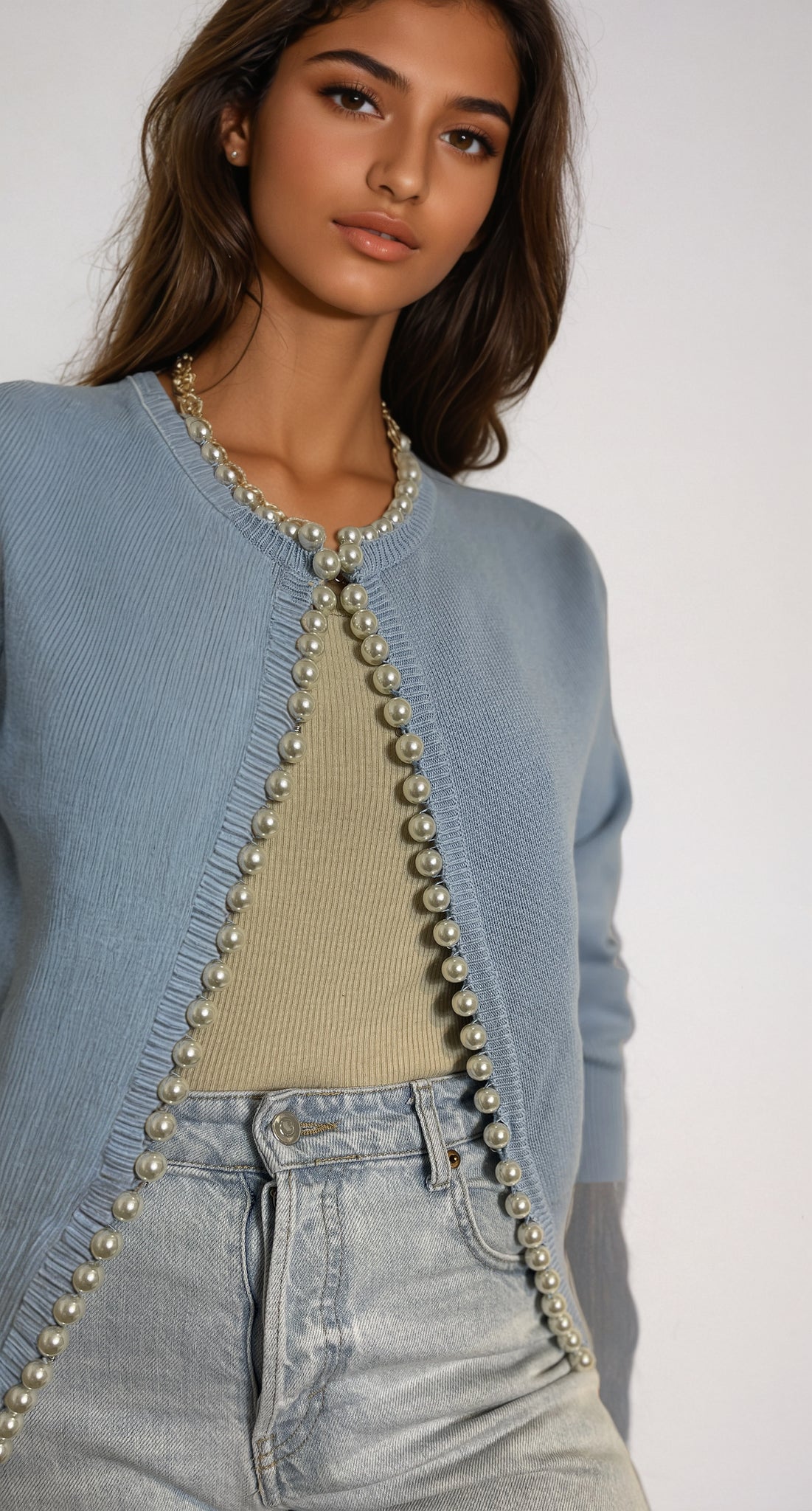 Charlotte pearl trim cardigan in cornflower blue