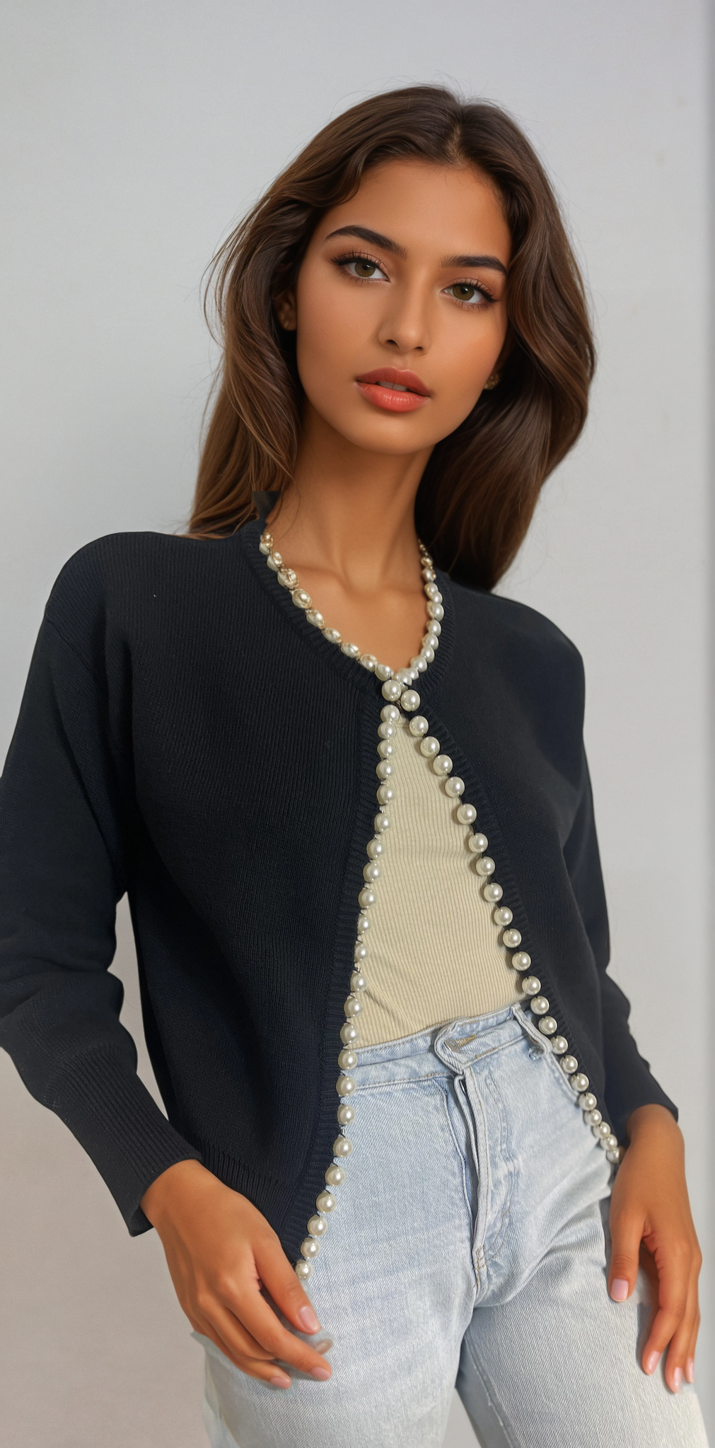 Charlotte pearl trim cardigan in black