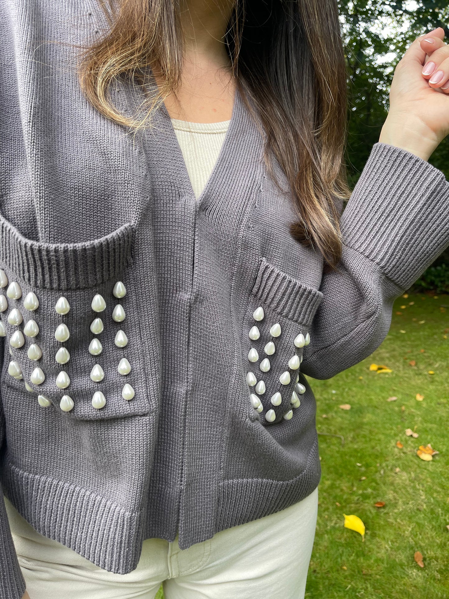 Teardrop pearl khaite style cardigan grey