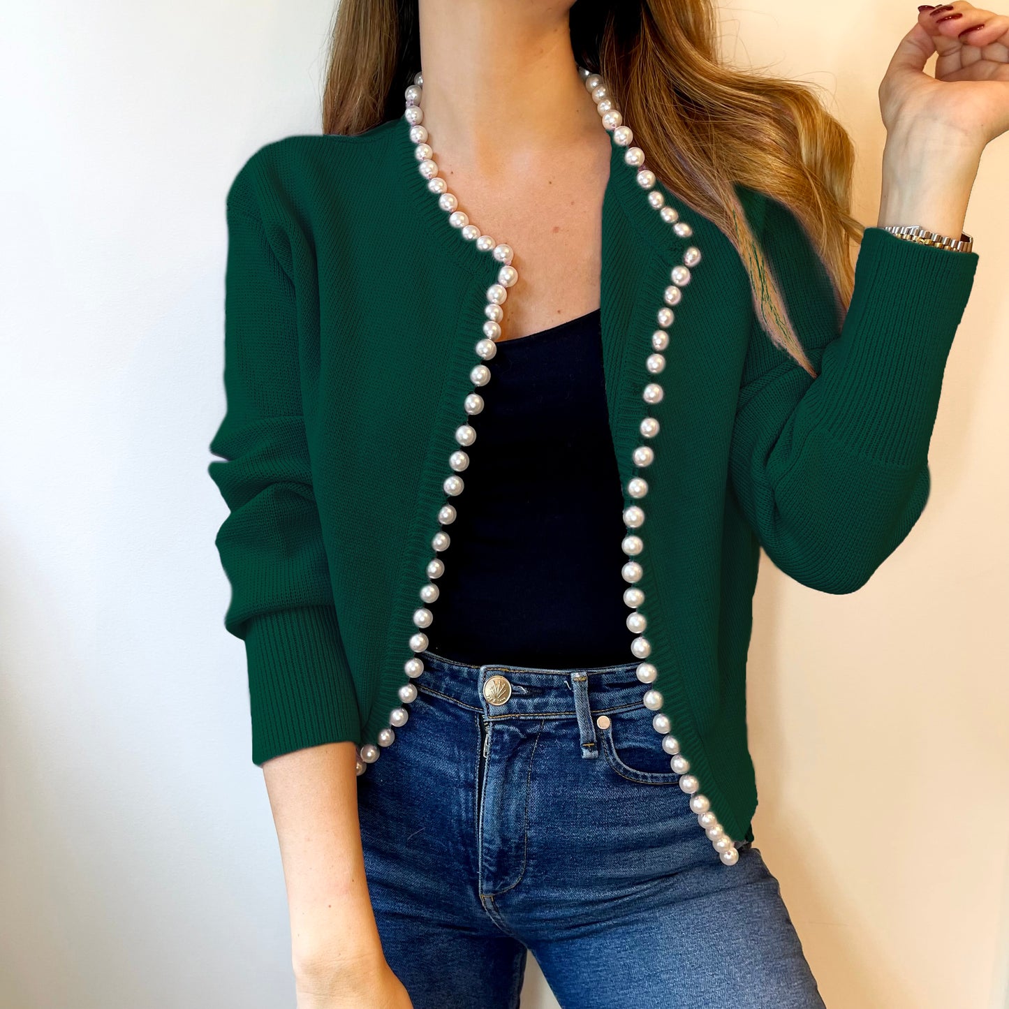 Charlotte pearl trim cardigan Hunter Green