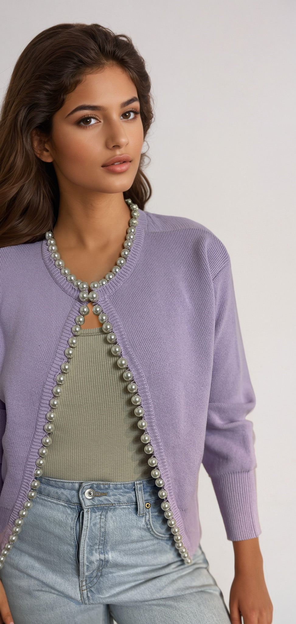 Pearl Trim cardigan in lilac made using 100% organic cotton one size for relaxed fit