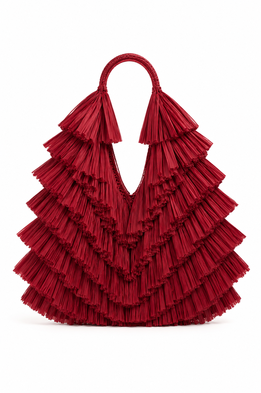 Handmade Merlot Red raffia fringe tote bag featuring a hand-crocheted cotton base and layered raffia detailing on a white studio background.