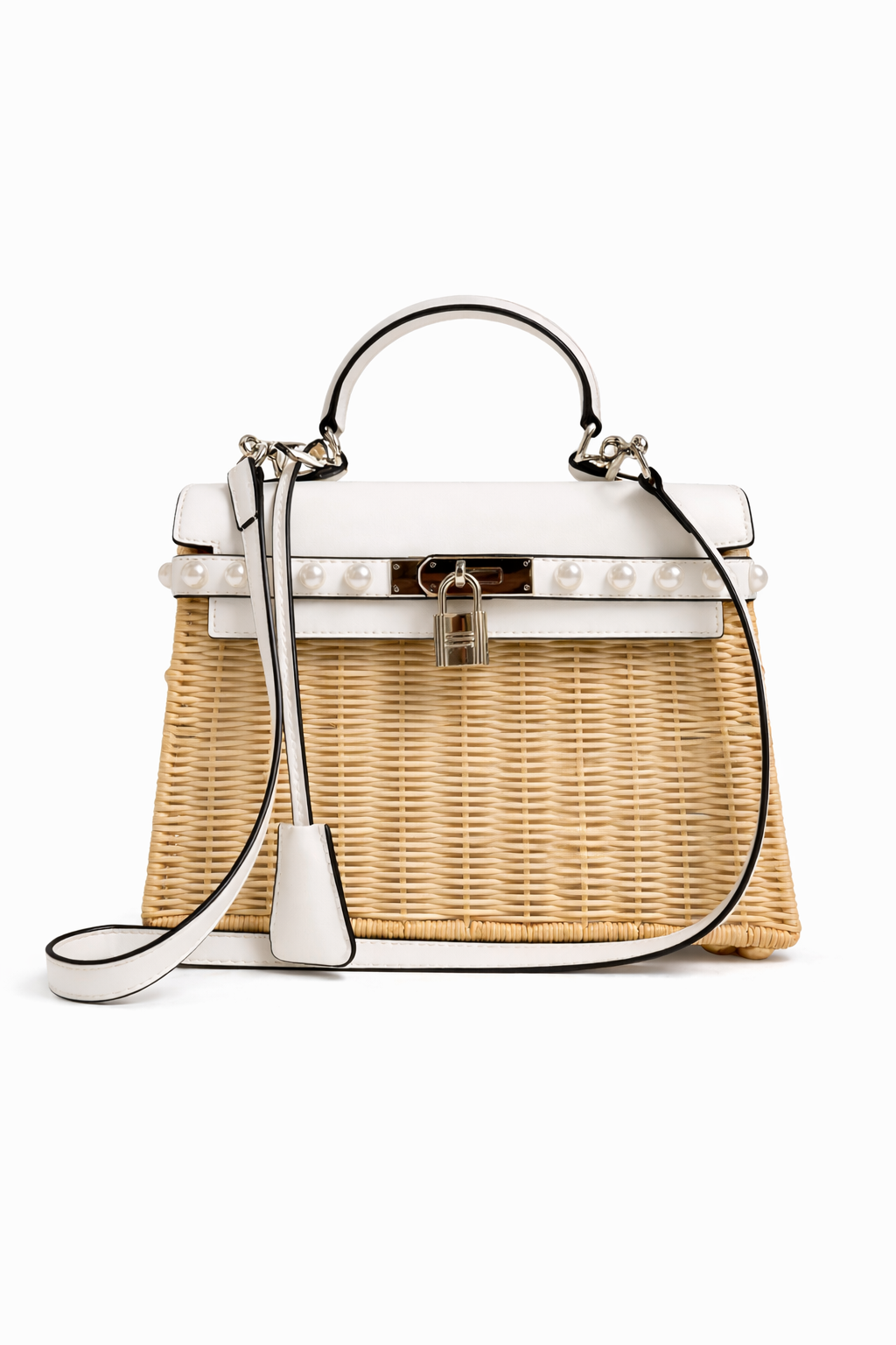 Pearl wicker handbag with leather top handle by Selfsame