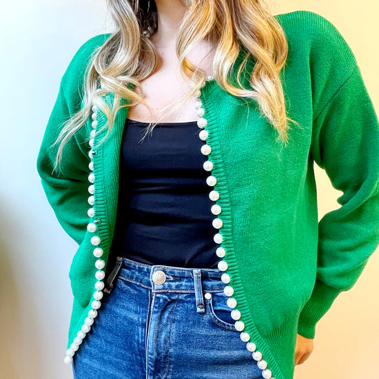 Load image into Gallery viewer, Charlotte pearl trim cardigan in green
