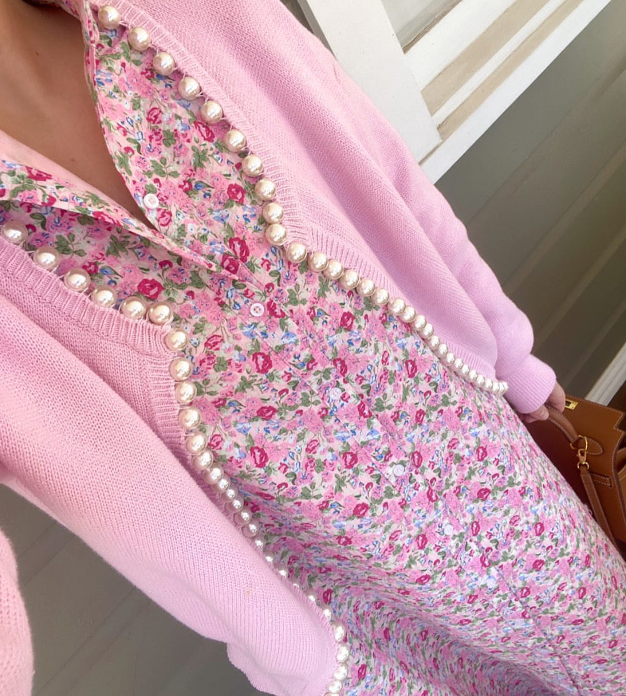 Charlotte pearl trim cardigan in Pink - Self-same